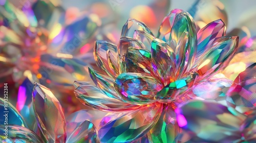 Vibrant holographic crystal flowers shimmering with iridescent colors.