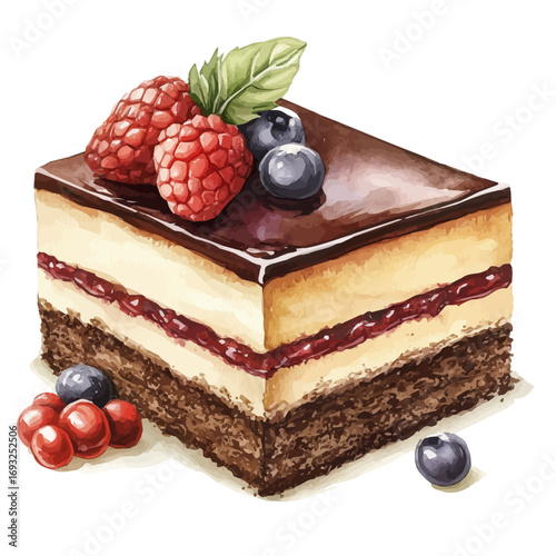 Opera Cake, watercolor drawing vector, isolated on a white background.