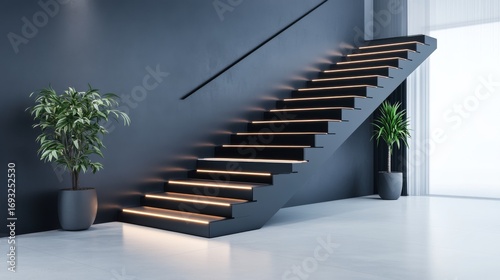 Modern Staircase with LED Lighting and Potted Plants  Interior   Architecture