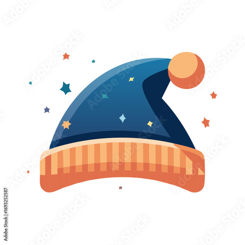 Blue Nightcap Illustration with Pom Pom and Colorful Stars Decoration Isolated