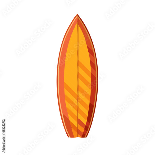 Illustrated surfboard with a striped orange and yellow design.