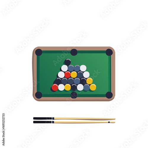 Illustration of a pool table with billiard balls arranged in a triangle and cues.