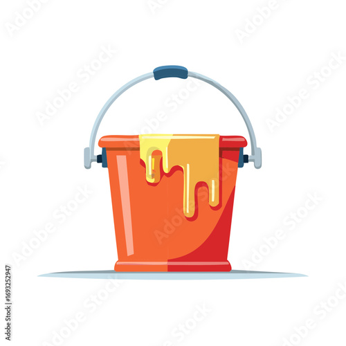 Vibrant orange bucket filled with golden yellow liquid dripping down in cartoon style