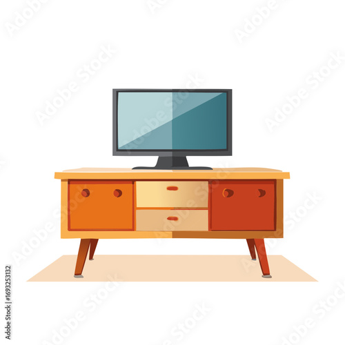 Retro style wooden television set with drawers unit illustration for home decor concept and furniture design ideas and modern interior designs