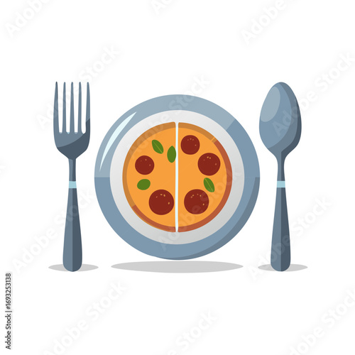 Delicious Pepperoni Pizza Slices on a Plate with Fork and Spoon, Featuring Fresh Basil Garnishes and a Stylish Flat Vector Design