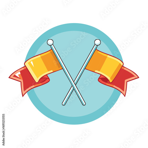 Crossed pennants with red ribbons in circle shape, celebration flags with banner decor, event decoration vector