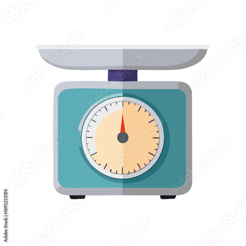 Turquoise blue kitchen scale with an analog dial and weighing pan for baking