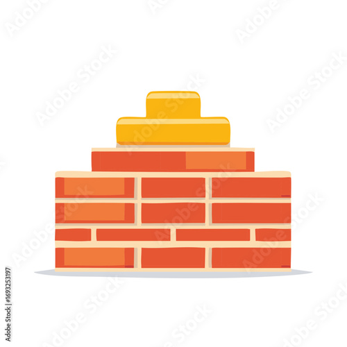 Brick structure with a yellow topper creates a graphic illustration of a miniature architectural pyramid