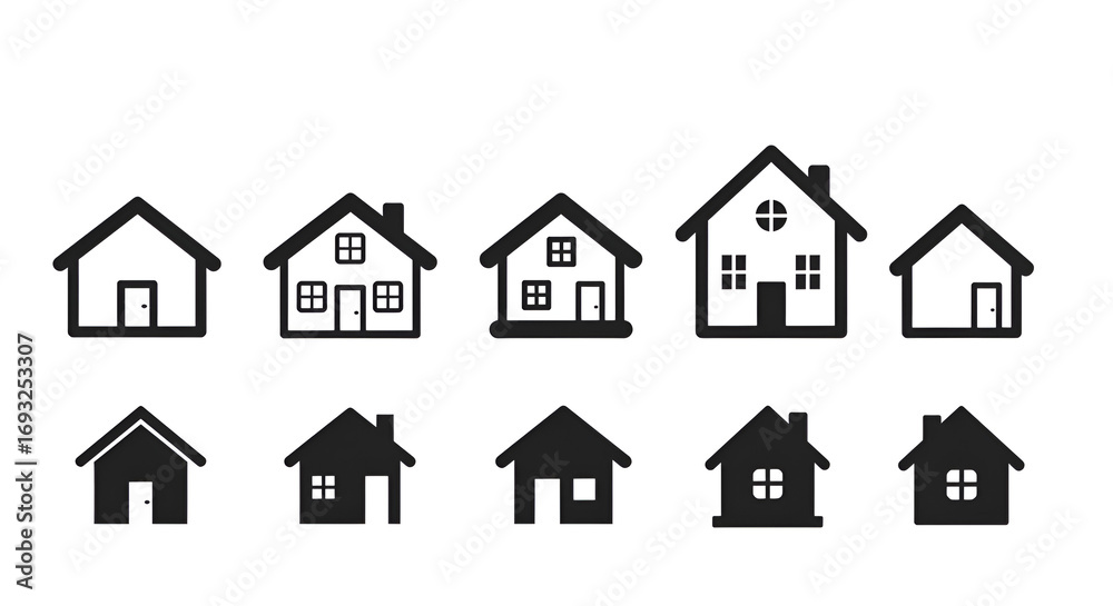 Fototapeta premium Minimalist house icons arranged in a row with simple design, showing different shapes and window variations.