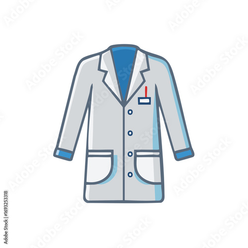 Doctor or scientist white coat illustration with blue accents and a red pen for healthcare research education