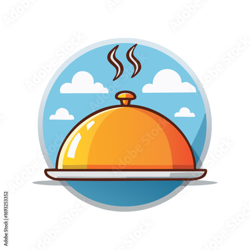 Hot food served under a silver dome on a plate with steam rising against a blue sky and clouds