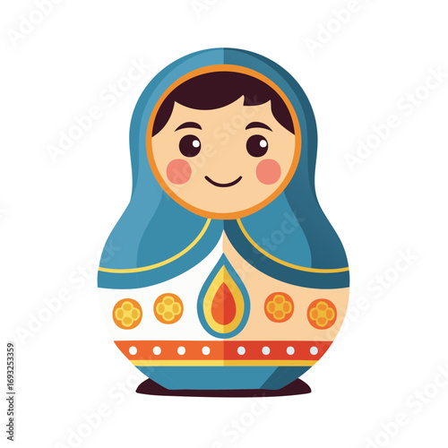 Matryoshka doll illustration with face, floral pattern, bright colors, and traditional Russian style