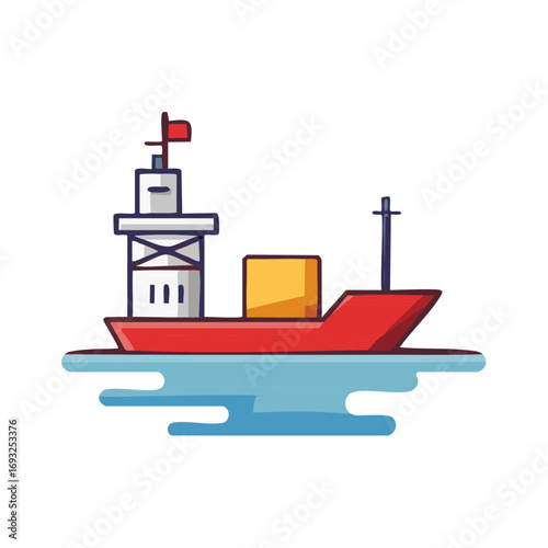 Cartoon illustration of a red ship with yellow cargo sailing on blue water
