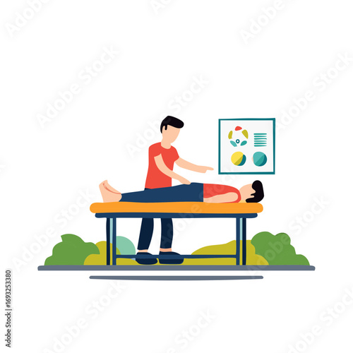 Therapist treating patient in the clinic. Healthcare and wellness concept illustration.