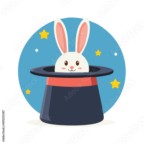 Adorable white rabbit emerging from a black magician's top hat with twinkling stars