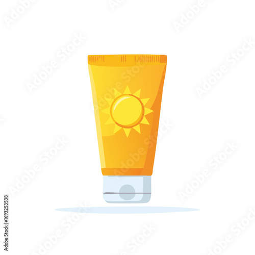 Bright orange sunscreen tube with a sunny emblem on a clean white background
