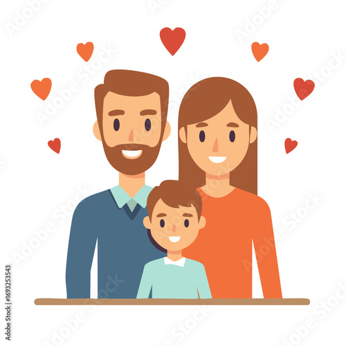 Joyful family of three with a child in a loving embrace surrounded by hearts