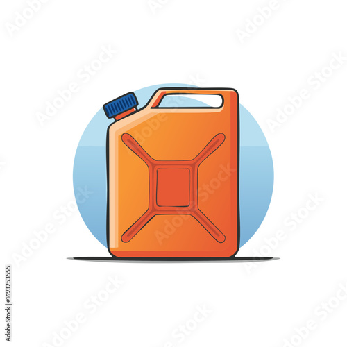 Cartoon illustration of orange gas can with blue cap against a circular backdrop