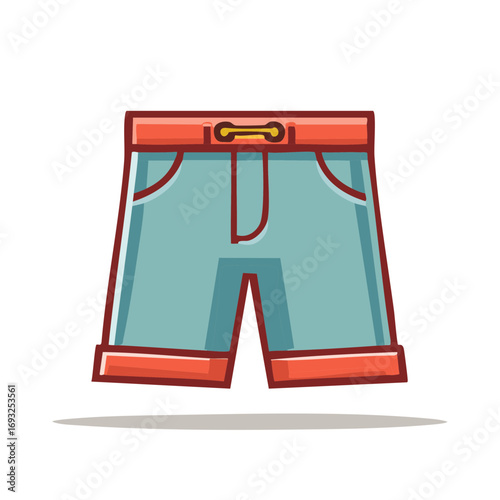Cartoon light blue shorts with red waistband and cuffs drawstring detail