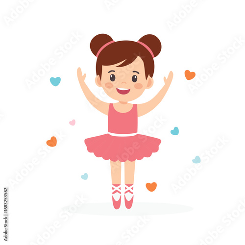 Happy little ballerina with raised arms wearing pink ballet tutu and shoes, cute illustration