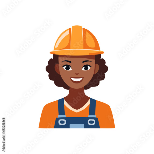 Smiling Woman Construction Worker Wearing Hard Hat and Overalls Cartoon Vector Graphic