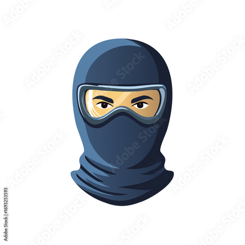 Intense gaze of masked person wearing dark blue balaclava and clear goggles vector illustration