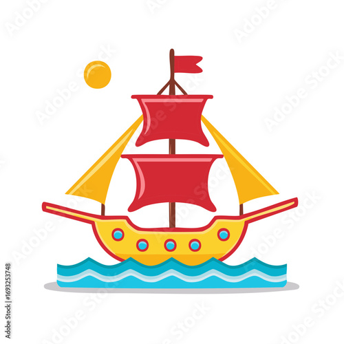 Illustration of a cartoon sailboat with red sails sailing on blue water under a yellow sun with a white background