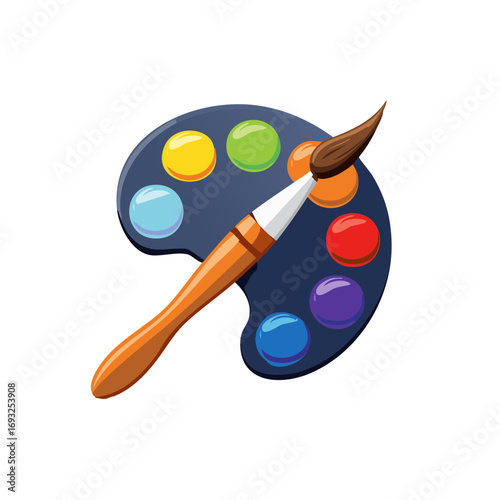 Paintbrush Resting on a Colorful Palette of Paints Art Supplies Symbol Illustration Icon Style Design
