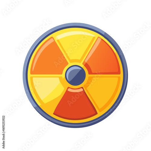 Radioactive symbol warning sign with yellow and orange sectors and blue border