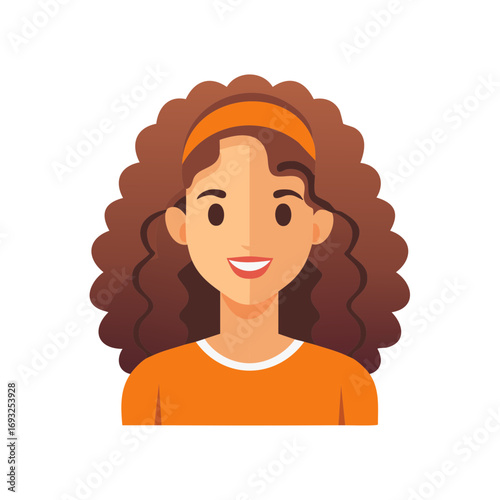 Flat Style Portrait of a Smiling Woman with Curly Hair and Orange Headband