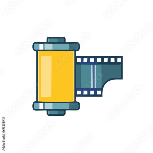 A Cartoony Image Depicts 35 mm Film Canister with Partially Exposed Negative Strip Ready for Developing Memories