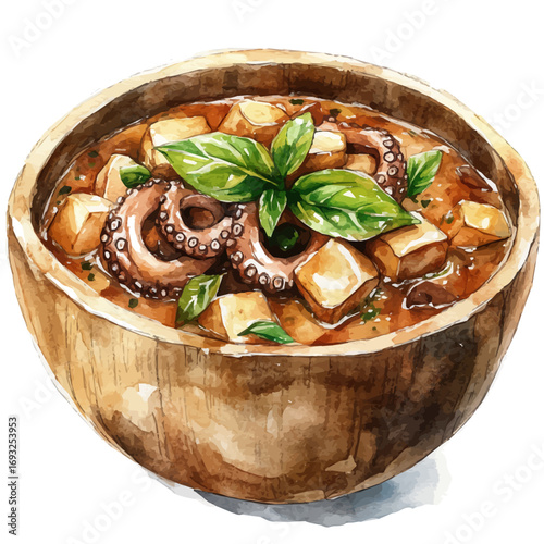 Octopus Stew, watercolor illustration vector, isolated on a white background.