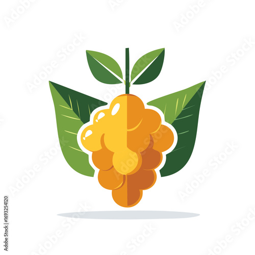 Vibrant golden grape cluster with fresh green leaves flat vector illustration icon design for organic produce