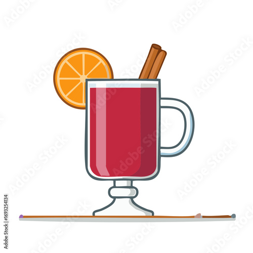 Illustration of a glass of mulled wine with orange slice and cinnamon sticks
