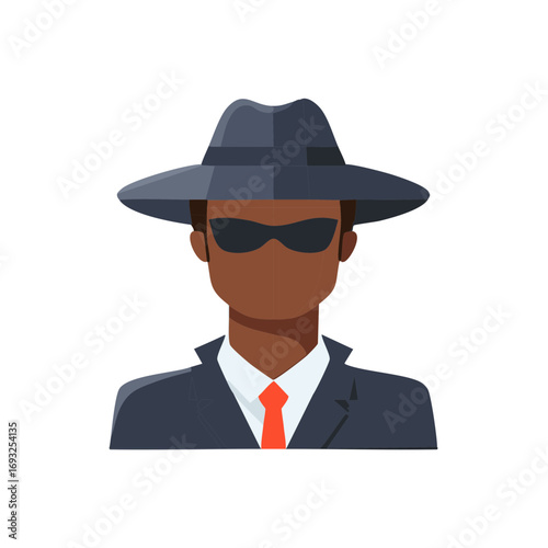 Stylized Dark-skinned Man Wearing Fedora Hat, Dark Sunglasses and Suit with Red Tie