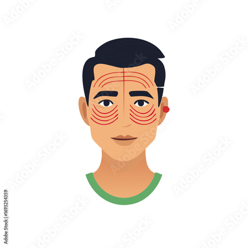 Illustration of a man's face with red lines indicating facial acupressure points for massage