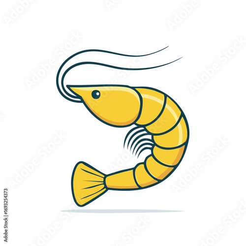 Stylized Yellow Shrimp Illustration with Antennae and Tail Fins