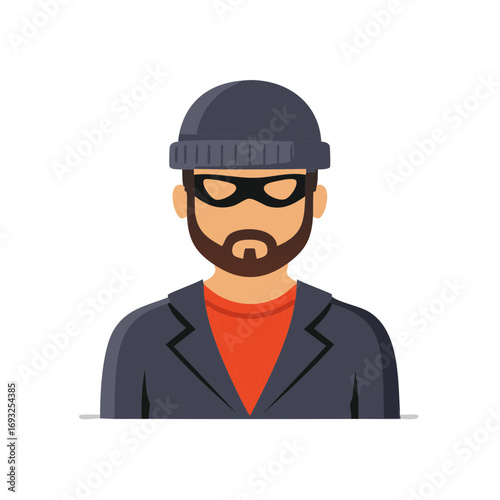 Cartoon Burglar Portrait: Man Wearing Beanie and Mask, Concept of Crime