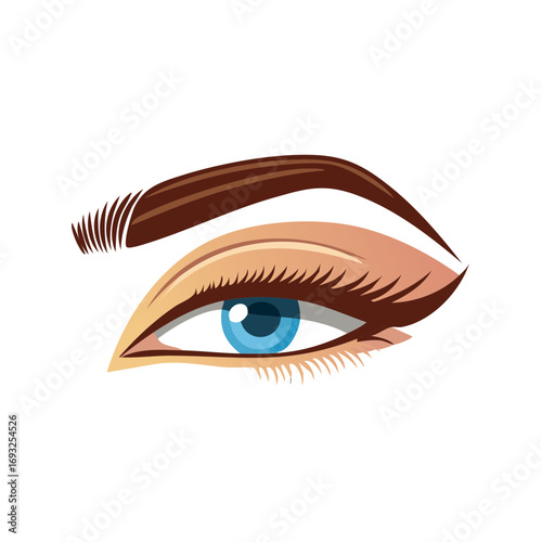 Illustration of blue eye with makeup and eyebrow on a white background. Beauty style graphic