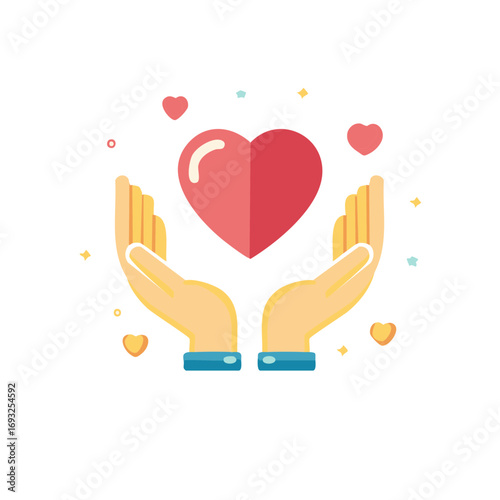 Caring hands holding a large red heart symbol of love donation and support