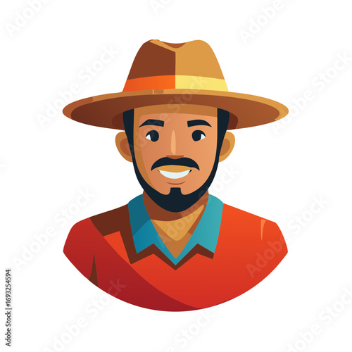 Illustration of a smiling man with a beard wearing a hat and collared shirt character design