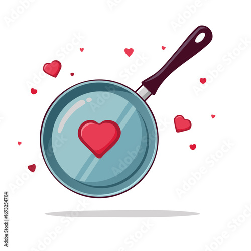 Cartoon frying pan with a red heart symbolizing love for cooking