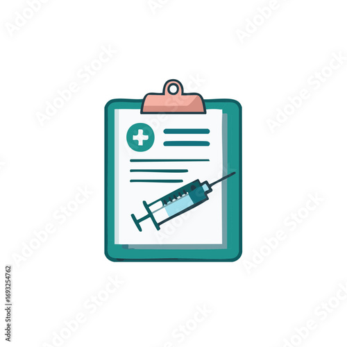 Medical clipboard with syringe, vaccination, health, and wellness.