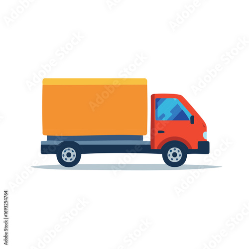 Brightly colored flat design delivery truck with orange cargo box and red cab