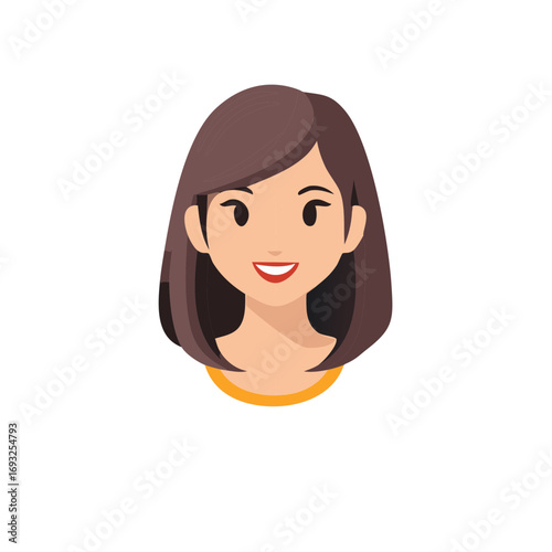 Smiling cartoon illustration of a woman with brown hair and a yellow shirt.