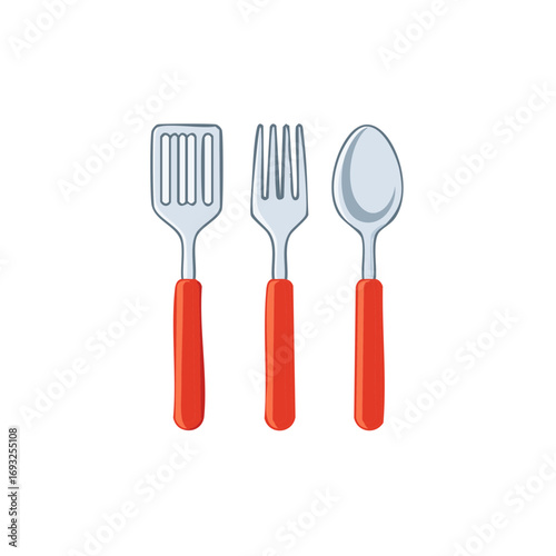 Cartoon kitchen utensil set with a spatula fork and spoon with red handles