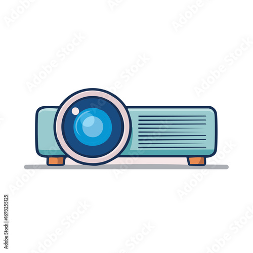 Modern blue projector with round lens on orange feet