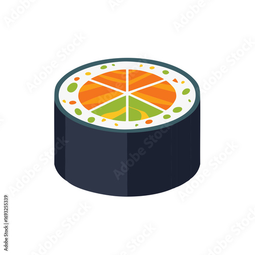 Isometric Illustration of a Japanese Sushi Roll with Salmon and Avocado Filling