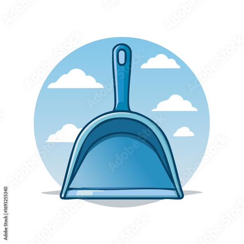 Simple Blue Dustpan Illustration with Clouds and Sky