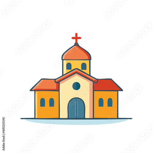 Whimsical Cartoon Church Building with Cross and Colorful Design on Isolated Background